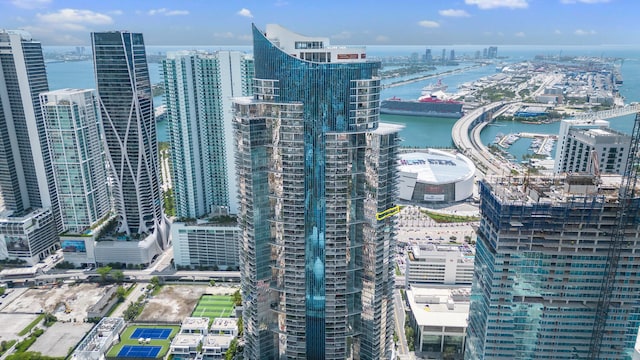 birds eye view of property featuring a water view