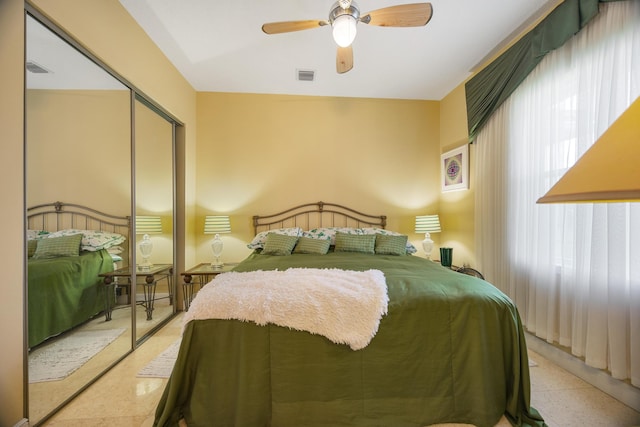 bedroom featuring ceiling fan and a closet