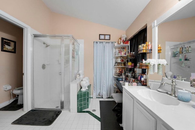 bathroom with tile patterned floors, vanity, an enclosed shower, and vaulted ceiling