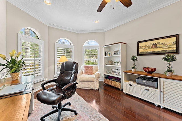 office area featuring a textured ceiling, dark hardwood / wood-style floors, ceiling fan, and crown molding