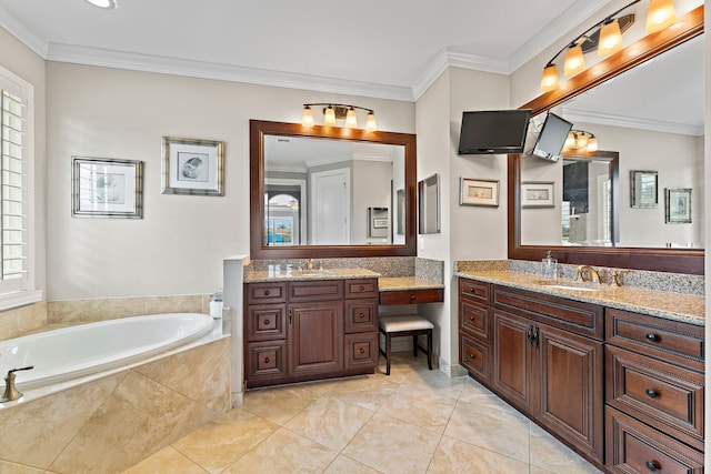 bathroom featuring vanity, tiled bath, crown molding, and tile patterned floors