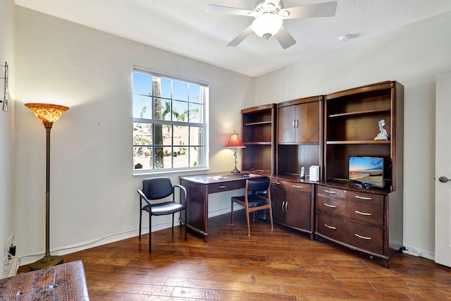 office area featuring a textured ceiling, ceiling fan, and dark hardwood / wood-style floors