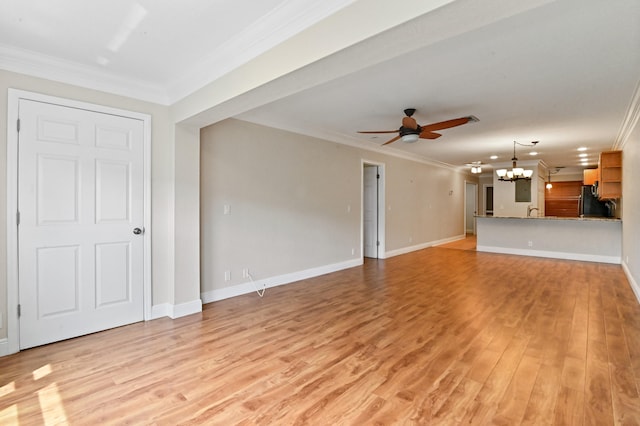 unfurnished living room featuring ornamental molding, ceiling fan with notable chandelier, and light hardwood / wood-style floors