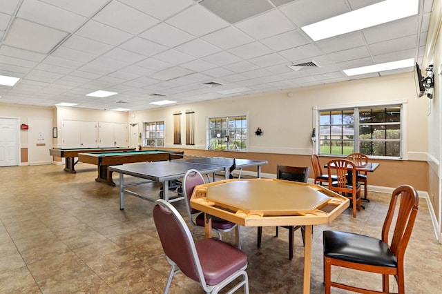 game room featuring a paneled ceiling and pool table