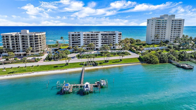 drone / aerial view featuring a water view