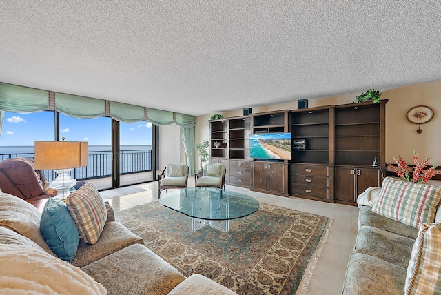 tiled living room with a textured ceiling