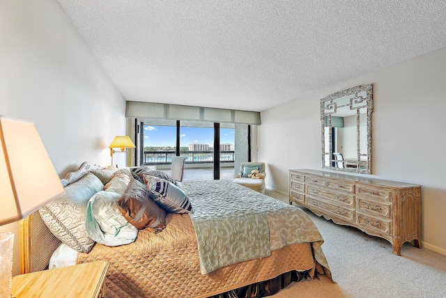 bedroom featuring a textured ceiling, carpet flooring, and access to exterior