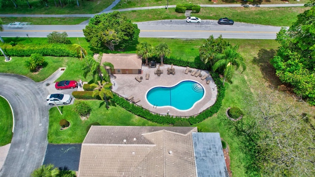 view of pool featuring a yard