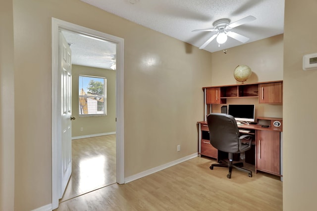 office area featuring ceiling fan, a textured ceiling, and light wood-type flooring