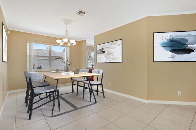 tiled dining space with an inviting chandelier and crown molding