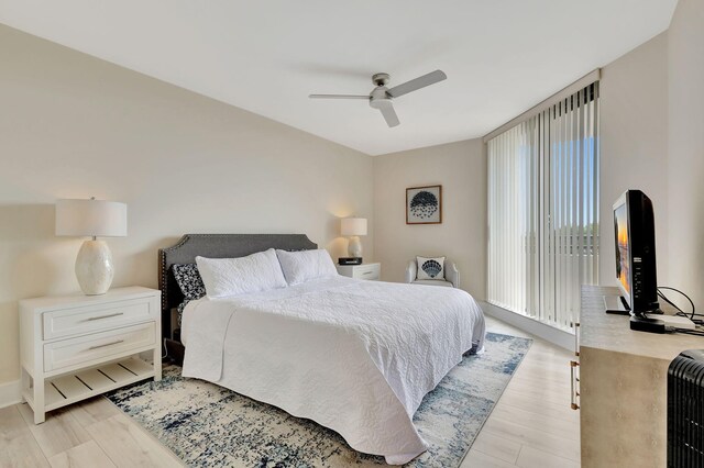 bedroom featuring ceiling fan and light wood-type flooring