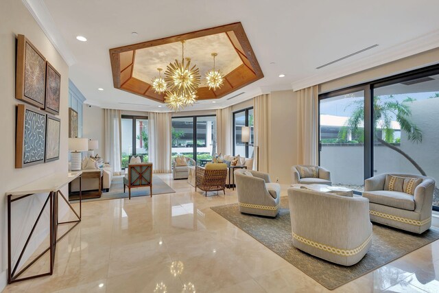 dining space featuring a notable chandelier, light tile patterned floors, beamed ceiling, and coffered ceiling