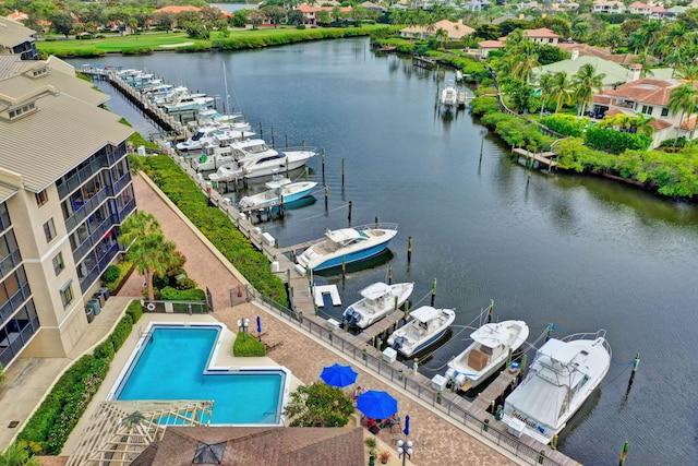 drone / aerial view featuring a water view