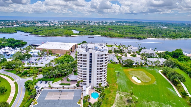 birds eye view of property featuring a water view