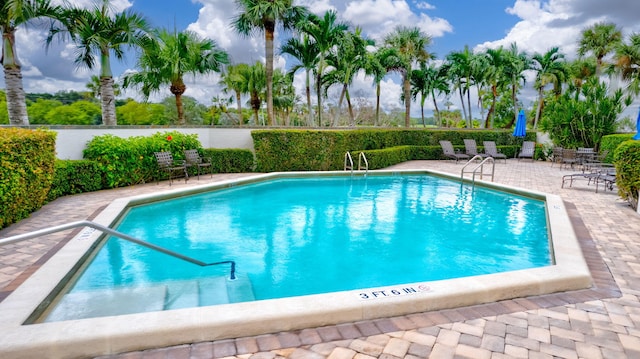 view of swimming pool featuring a patio area