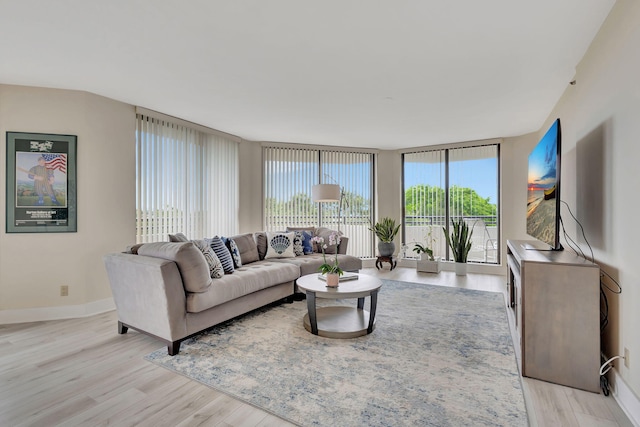 living room with light hardwood / wood-style flooring and expansive windows