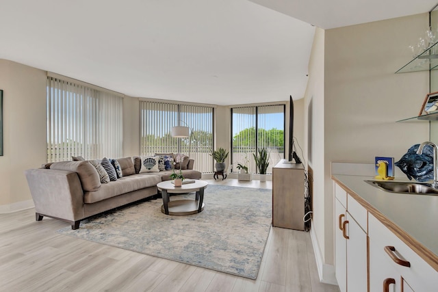 living room featuring a wealth of natural light, sink, light hardwood / wood-style flooring, and a wall of windows