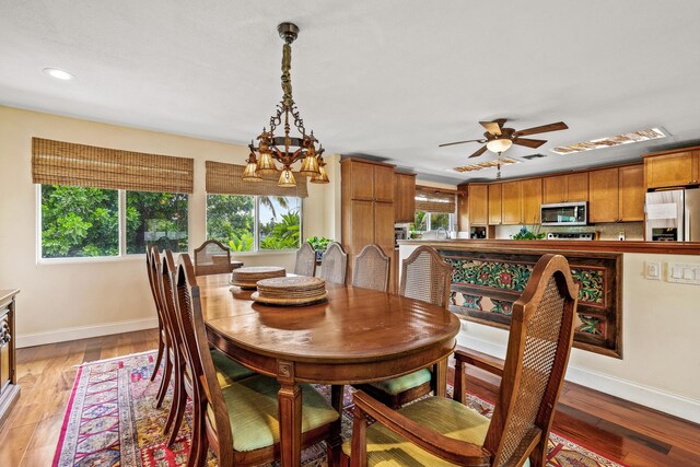 dining room with ceiling fan with notable chandelier, a wealth of natural light, and light hardwood / wood-style flooring