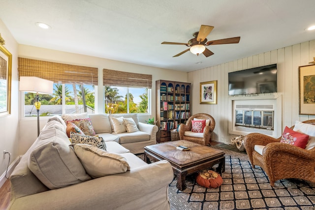 living room featuring ceiling fan