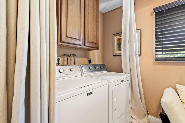 laundry area with washing machine and dryer and cabinets