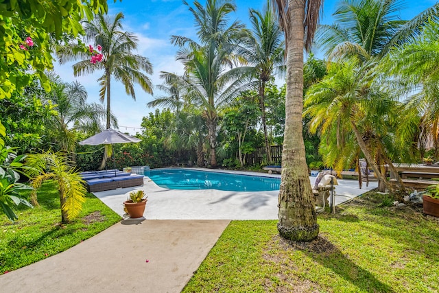 view of swimming pool featuring a patio area and a yard