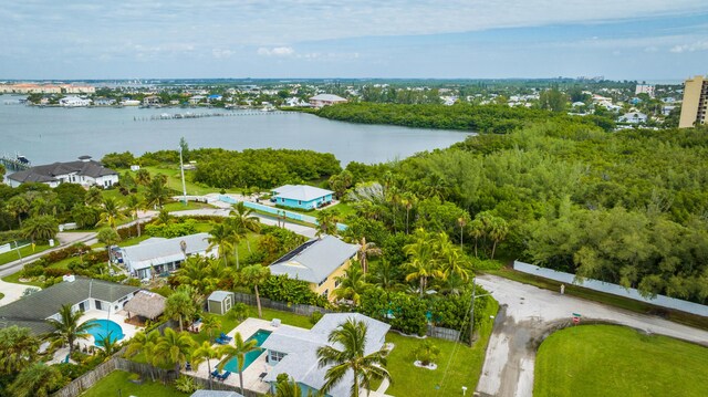 bird's eye view with a water view