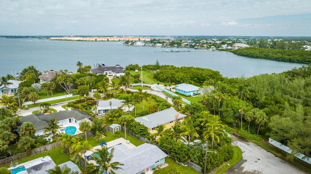 bird's eye view with a water view