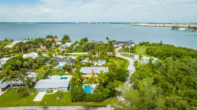 drone / aerial view with a water view