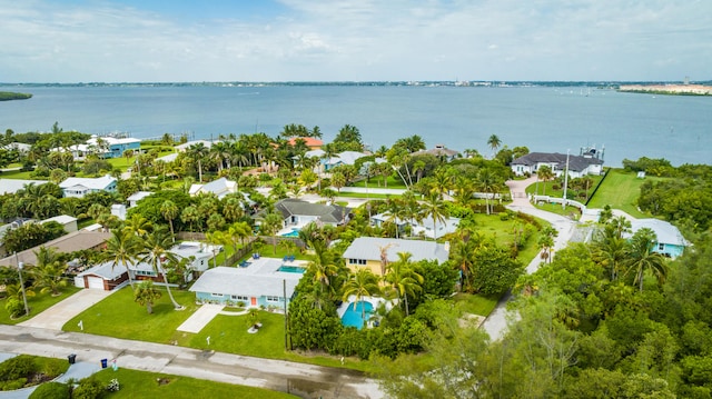 drone / aerial view with a water view