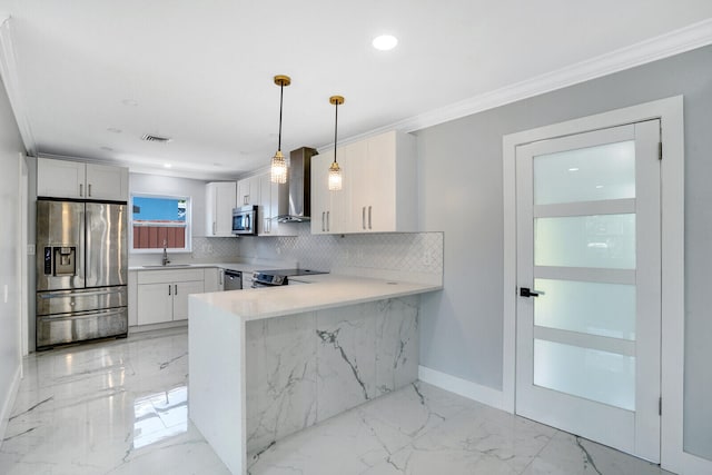 kitchen with light tile patterned flooring, backsplash, stainless steel appliances, and kitchen peninsula