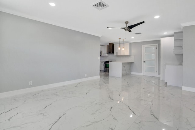 unfurnished living room featuring ceiling fan, light tile patterned floors, and crown molding