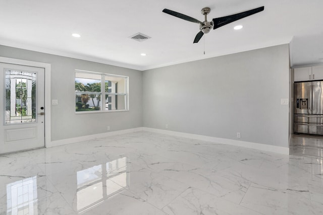 unfurnished room featuring ceiling fan, light tile patterned flooring, and crown molding