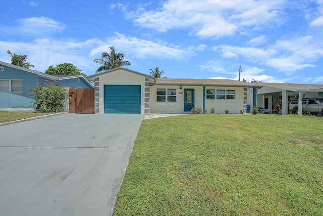 single story home with a garage and a front yard