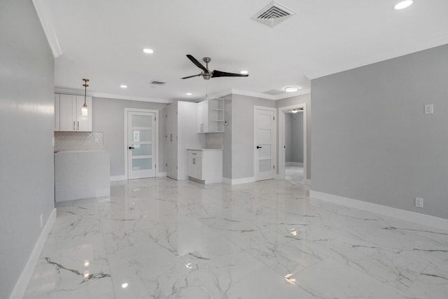 unfurnished living room featuring ceiling fan, light tile patterned floors, and crown molding