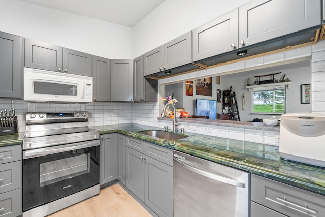 kitchen featuring decorative backsplash, gray cabinets, stainless steel appliances, light wood-type flooring, and sink