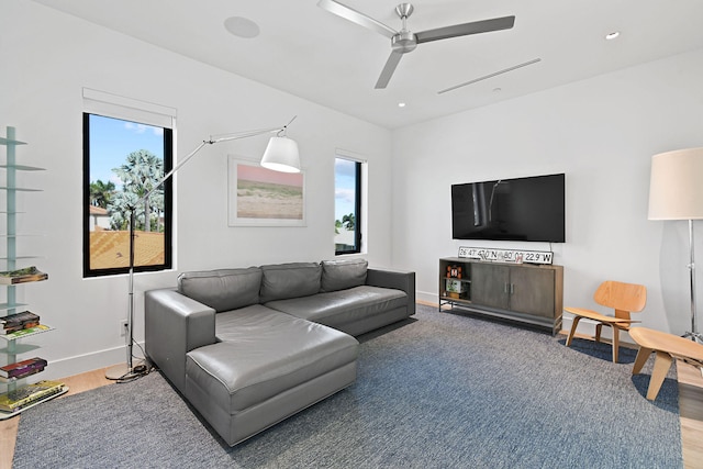 living room with ceiling fan and hardwood / wood-style flooring