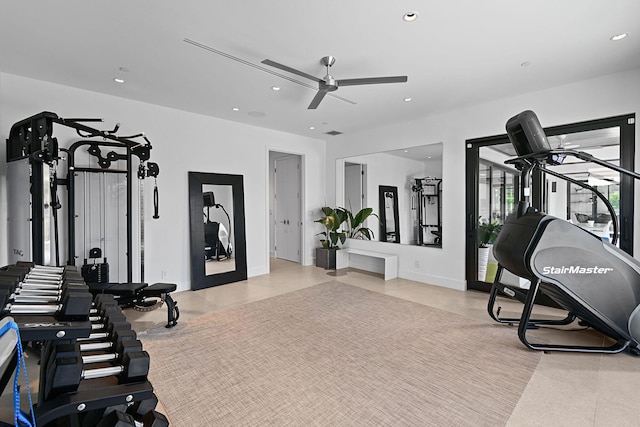 workout area featuring ceiling fan