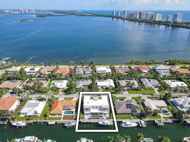 drone / aerial view featuring a water view