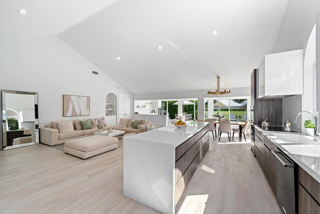 kitchen with light hardwood / wood-style flooring, dishwasher, dark brown cabinets, sink, and high vaulted ceiling