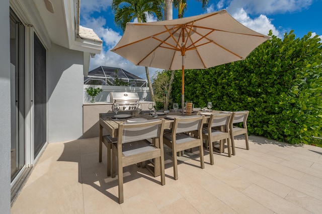 view of patio with area for grilling and a lanai