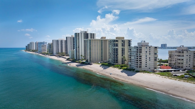 aerial view with a water view and a view of the beach