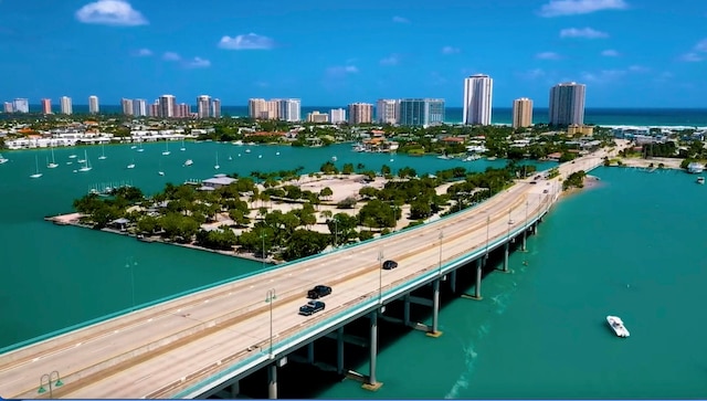 bird's eye view with a water view