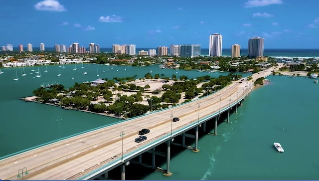 drone / aerial view featuring a view of city and a water view