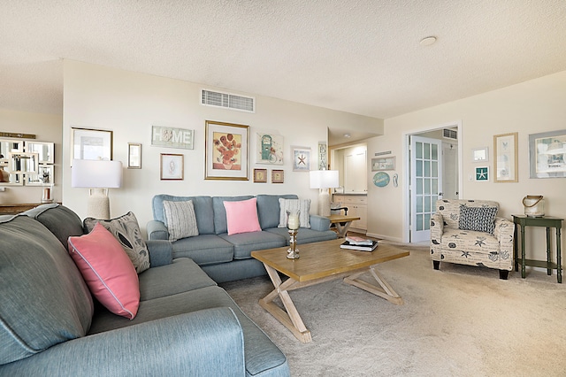 living room with a textured ceiling and carpet flooring