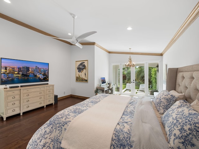 bedroom with dark hardwood / wood-style floors, french doors, crown molding, ceiling fan with notable chandelier, and access to exterior