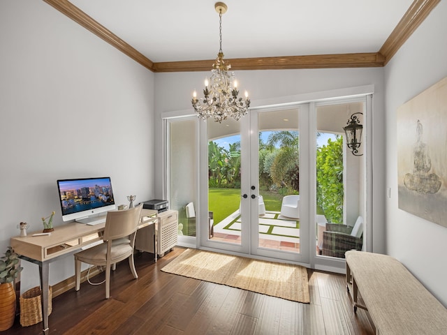 entryway featuring crown molding, french doors, dark hardwood / wood-style floors, and a chandelier