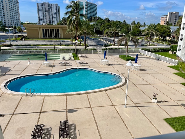 view of pool featuring a patio