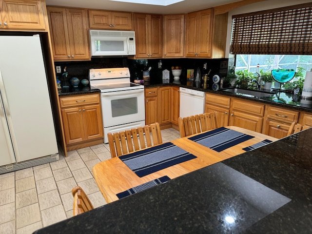 kitchen featuring dark stone countertops, white appliances, sink, a skylight, and backsplash