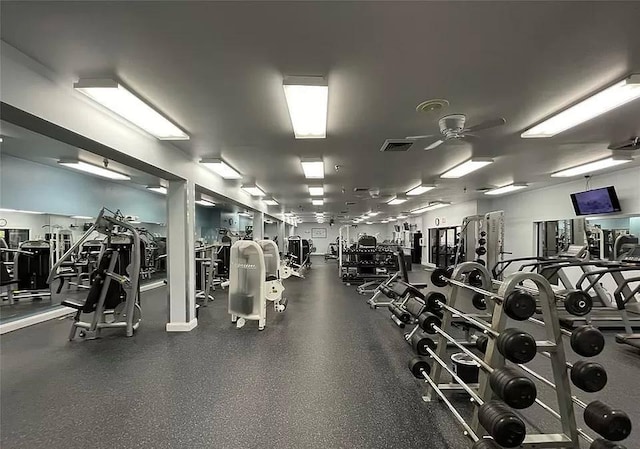 workout area featuring ceiling fan