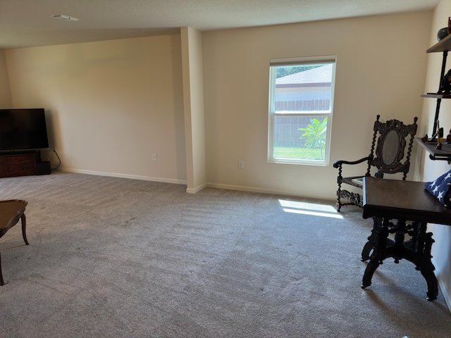 sitting room featuring light colored carpet